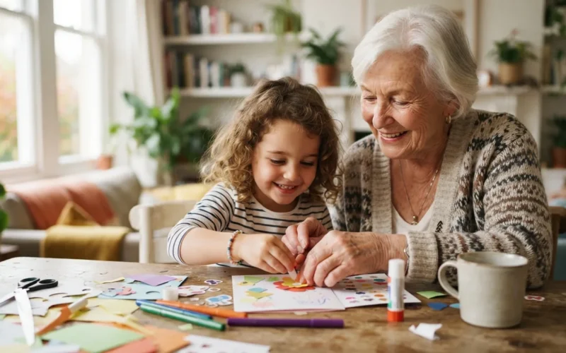 a grandmother and child sitting at a table making a card together