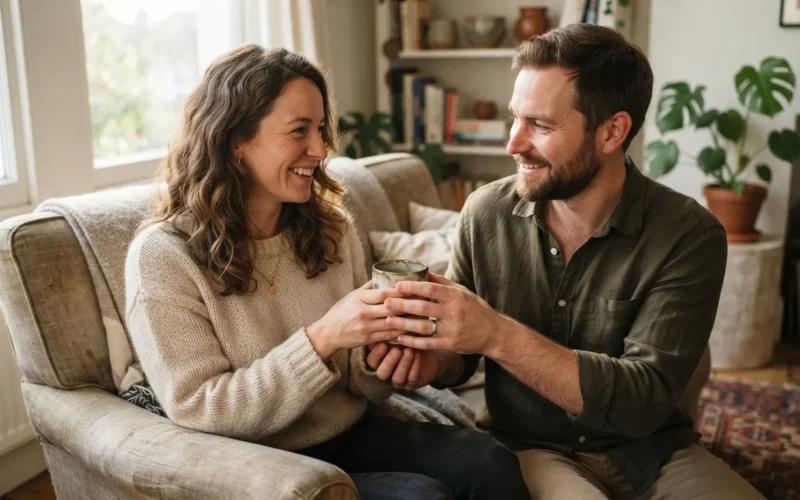 a couple exchanging a handmade gift