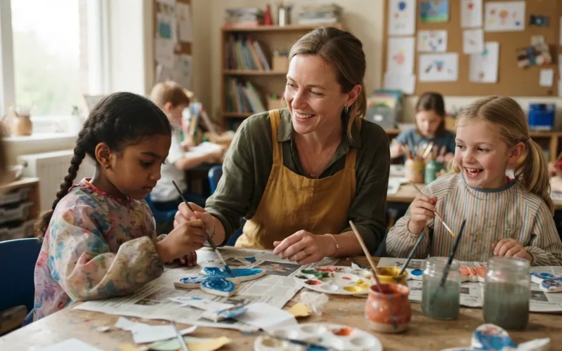 a woman helping children with an art activity in a classroom