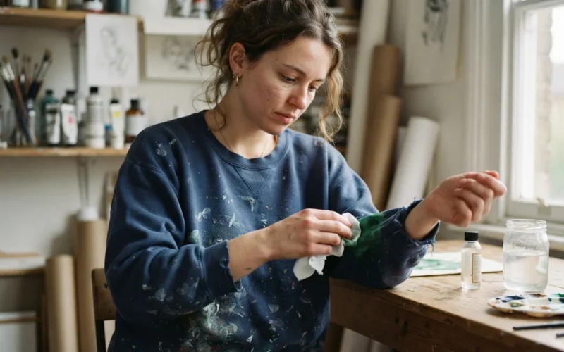 a person cleaning a paint stain from clothing