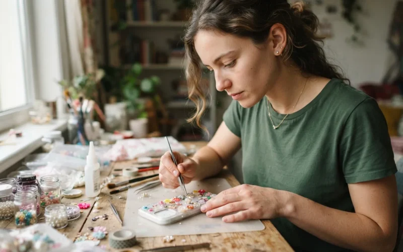 a person decorating a phone case with craft supplies