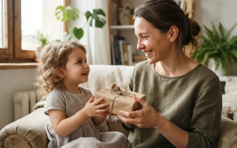 a woman holding a handmade gift with a child