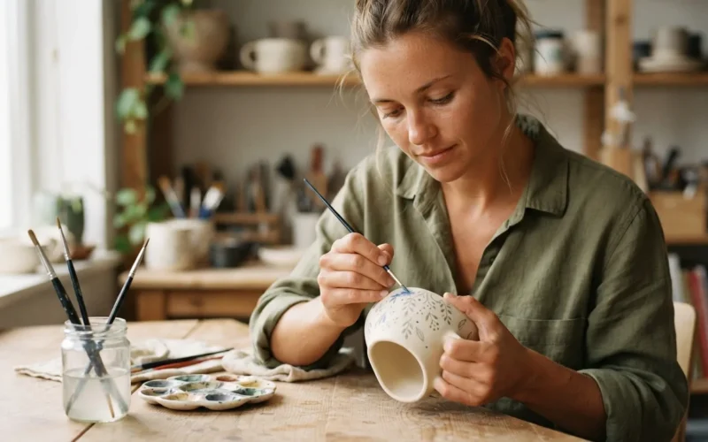 a person painting a ceramic mug at a table