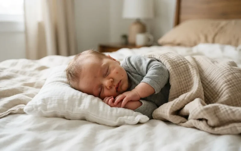 a baby sleeping on a bed