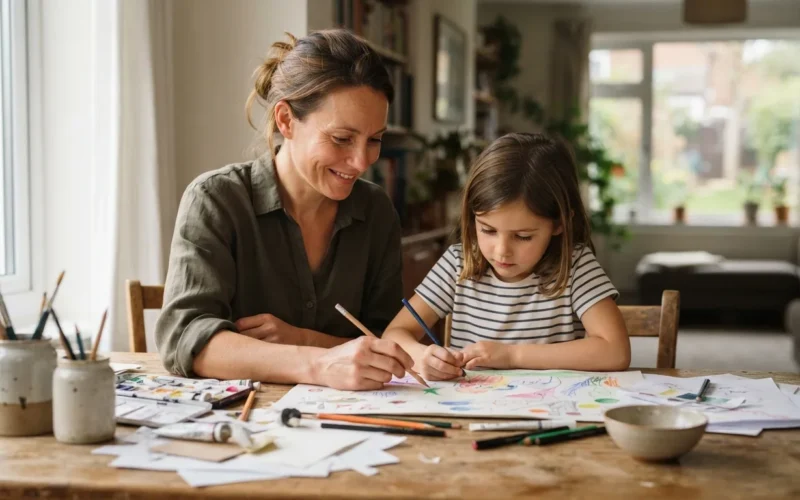 a parent and child working on a creative project together at a table