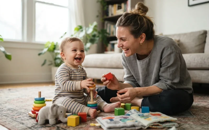 a parent and baby playing with colorful toys