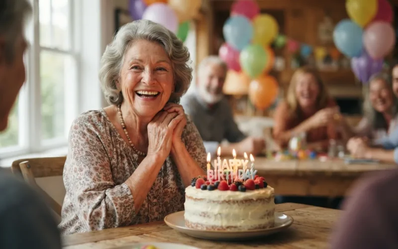 an elderly person celebrating a birthday with a cake and balloons