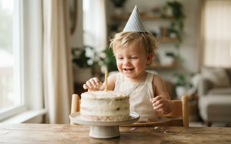 a baby boy wearing a party hat with a birthday cake