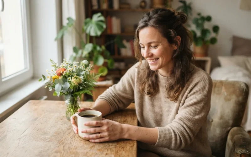 a person relaxing with a cup of coffee and flowers