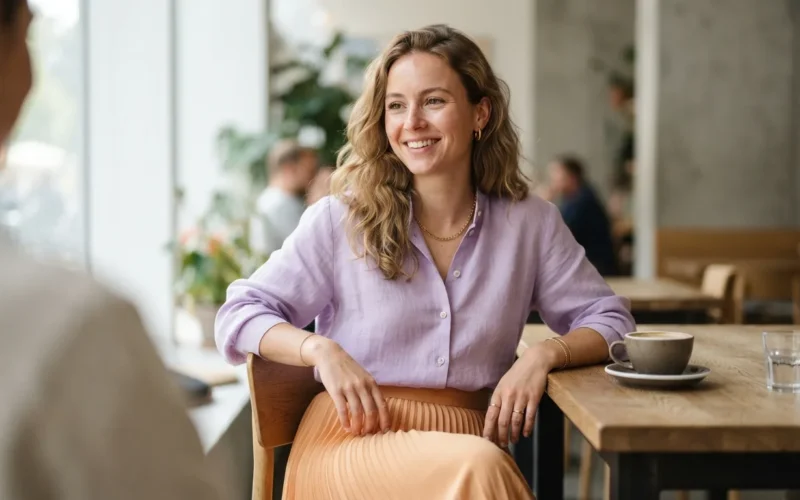 a woman wearing a lavender and apricot-colored outfit in a bright, modern setting