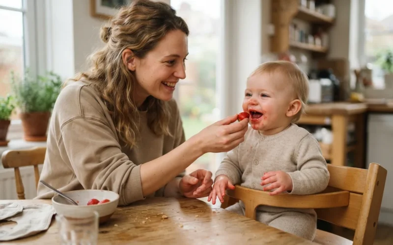a parent feeding a baby a strawberry