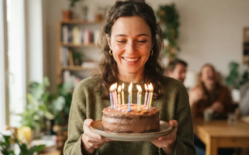 a young woman holding a birthday cake with candles