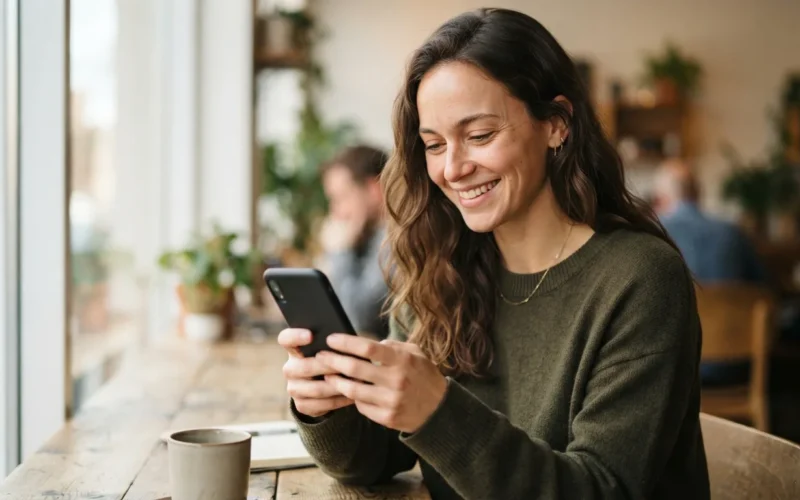 a person smiling while reading a phone or card