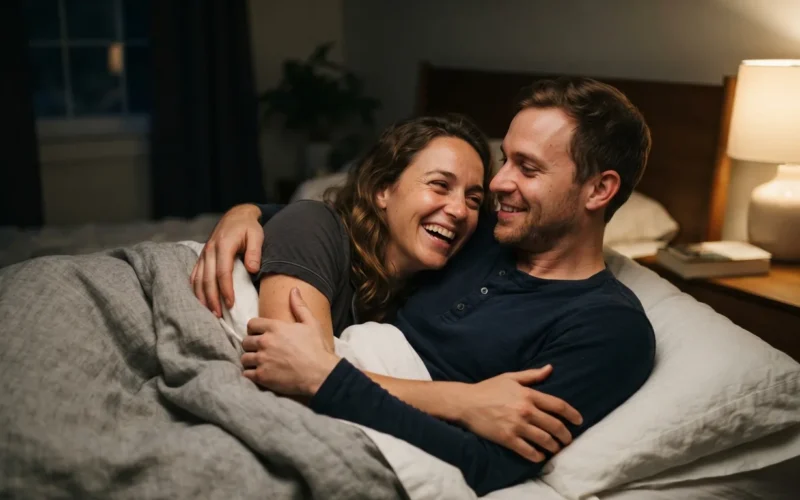 a couple lying in bed at night, smiling