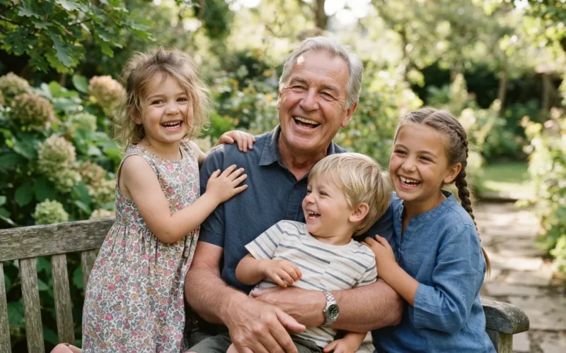 a grandfather laughing with his grandchildren