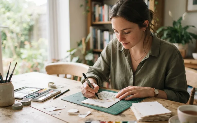 a person crafting a birthday card at a table