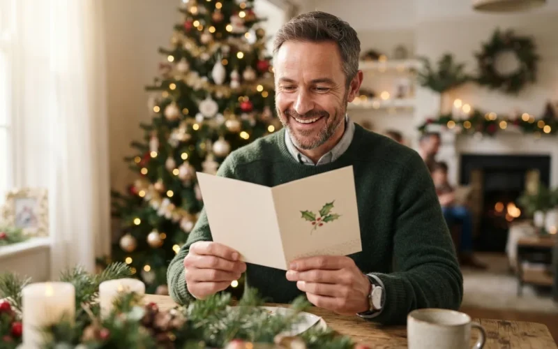 a man smiling while holding a greeting card and surrounded by festive decorations