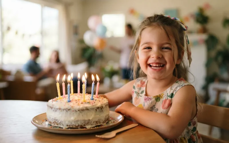a child smiling next to a birthday cake with candles