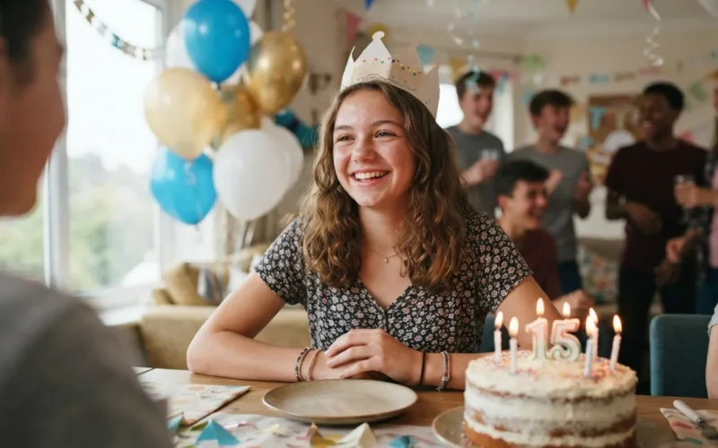 a teenager smiling at a birthday party with a cake and balloons