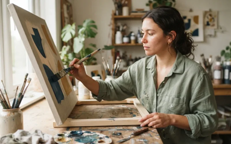 a person crafting wall decor with paint and brushes