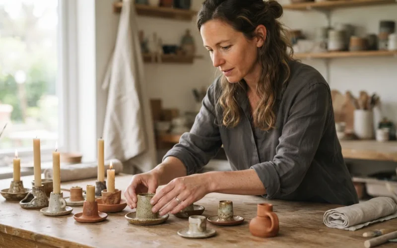 a person arranging handmade candle holders on a table