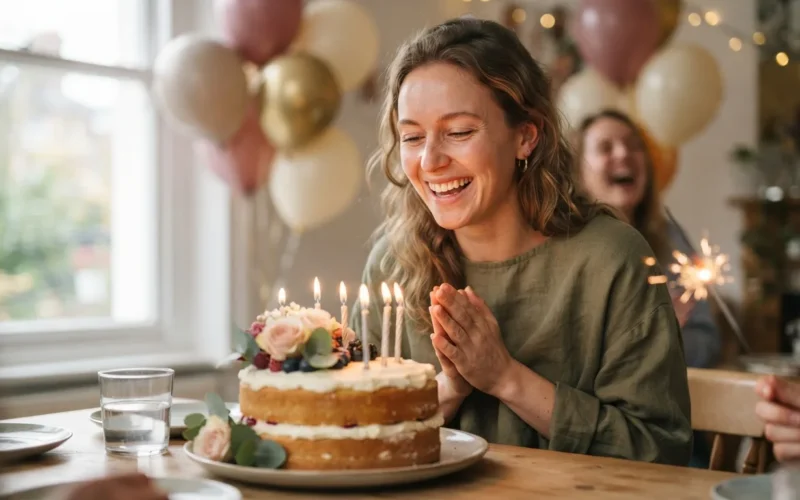 a young woman celebrating with a birthday cake and balloons
