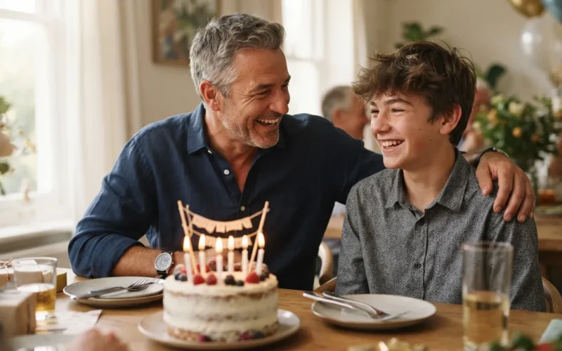a godfather and a teenager smiling together at a birthday table with a cake