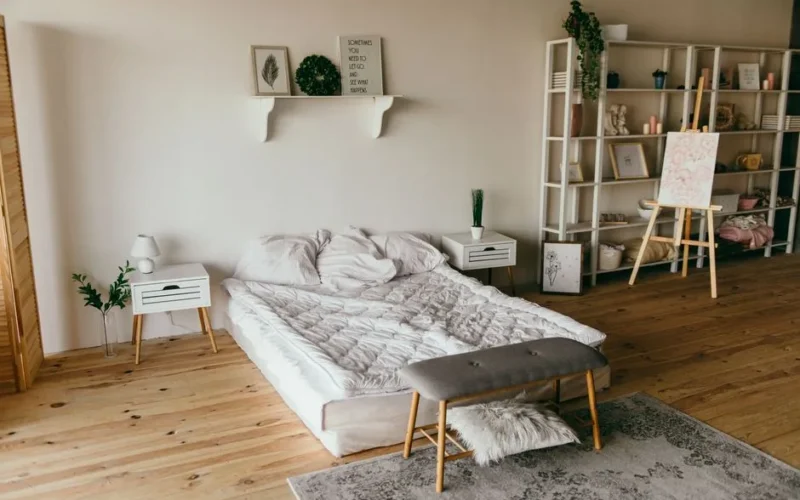 Spacious modern bedroom with minimalist decor, featuring a low bed, wooden floors, and shelf storage.