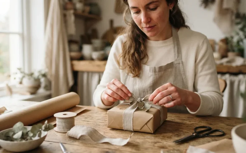 a person wrapping a gift with craft paper and ribbon