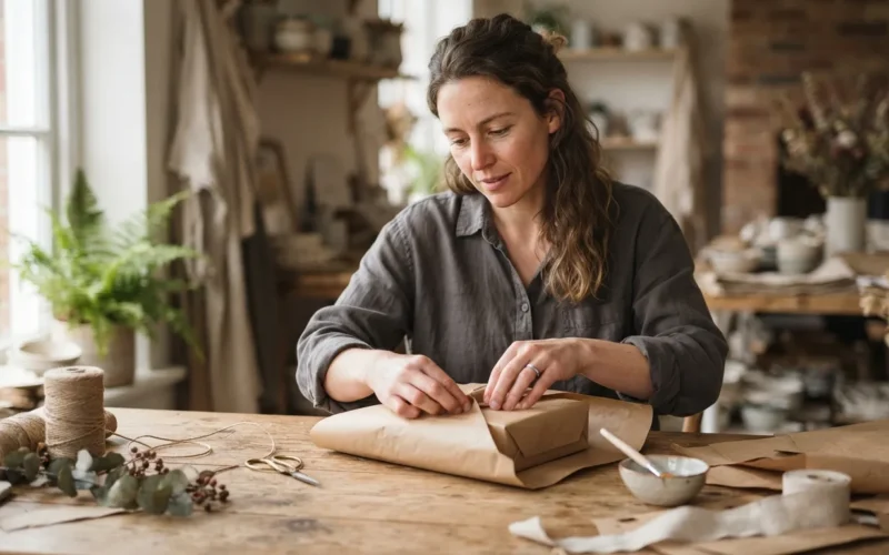 a woman wrapping a handmade gift