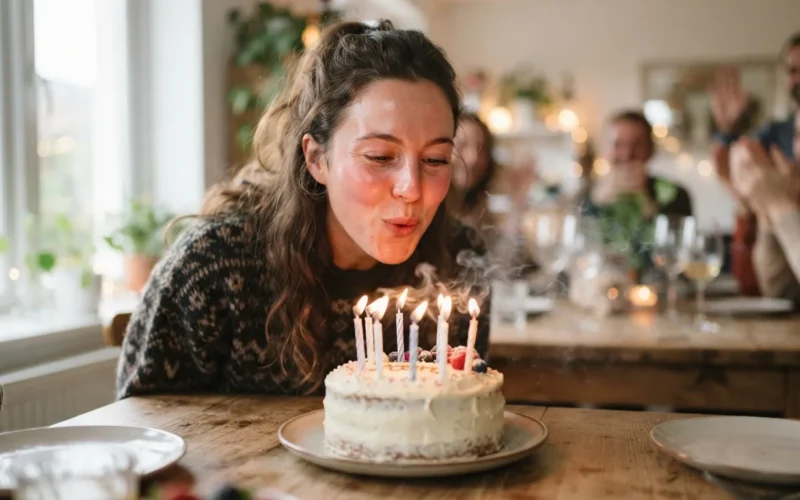 a young woman blowing out candles on a birthday cake