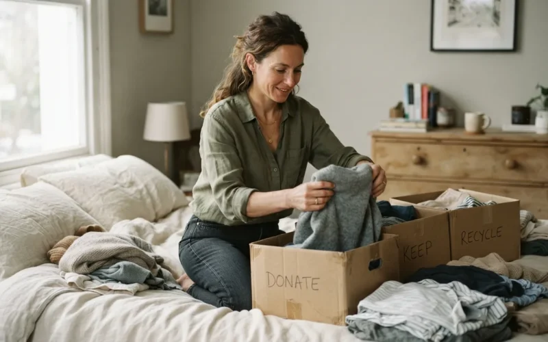 a woman sorting clothes into boxes on her bed