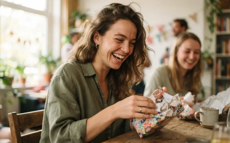 a person laughing while opening a birthday gift