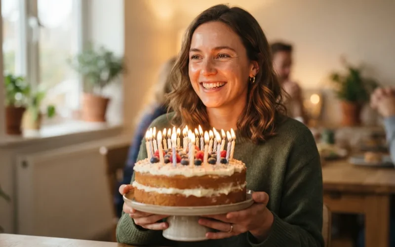 a woman smiling while holding a birthday cake with candles