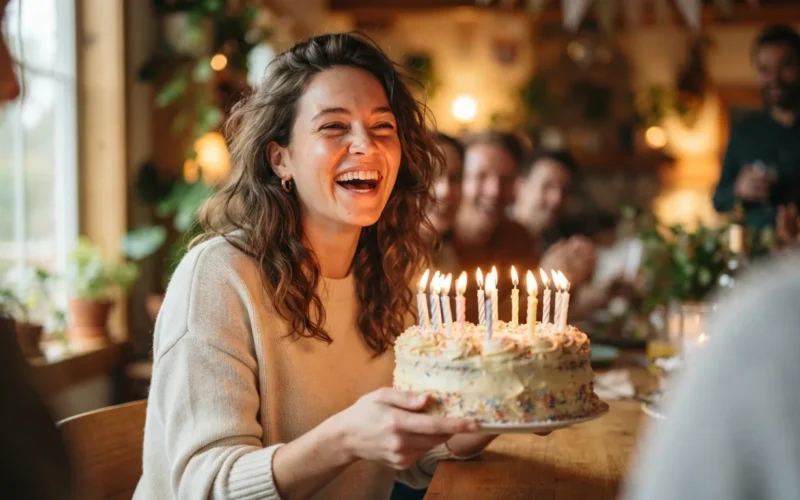 a person laughing while holding a birthday cake with candles