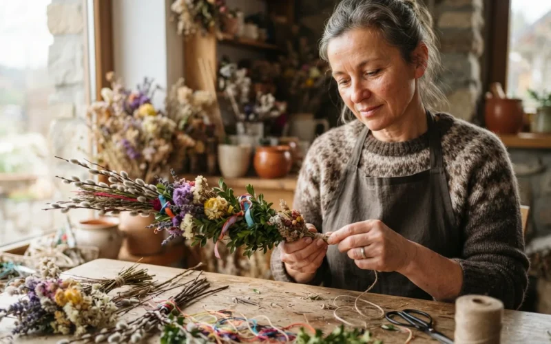 a person making an Easter palm decoration