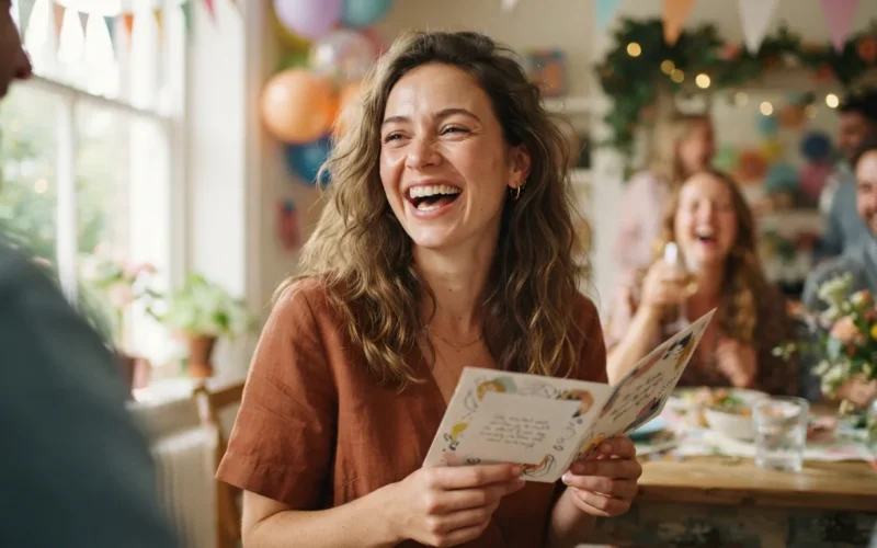 a woman laughing while holding a birthday card at a party