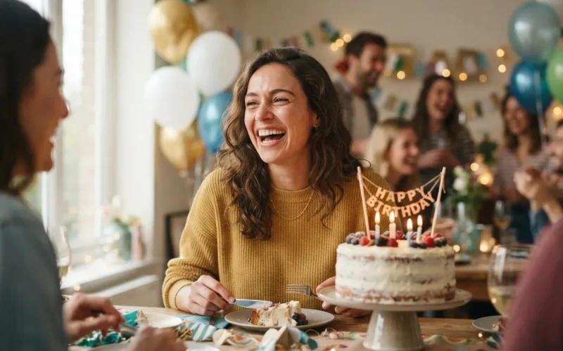 a woman laughing at a birthday party with a cake and balloons