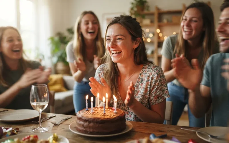 a woman celebrating her birthday with friends and a cake
