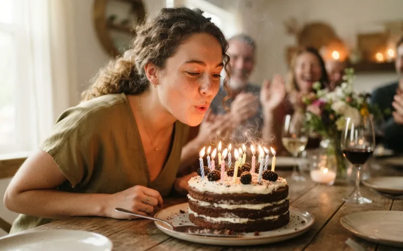 a person blowing out candles on a birthday cake