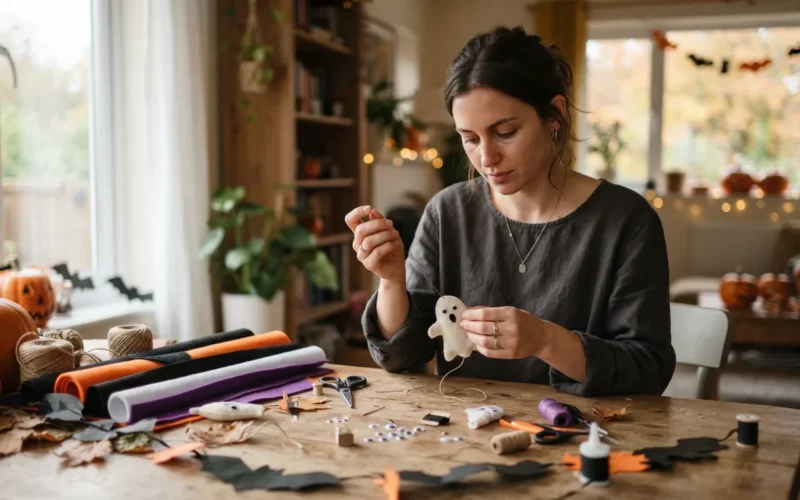 a person crafting Halloween decorations at a table