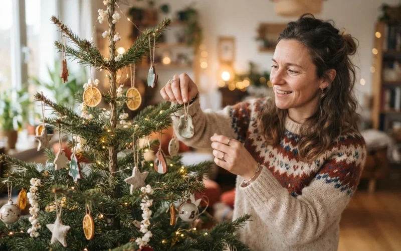 a person decorating a handmade Christmas tree