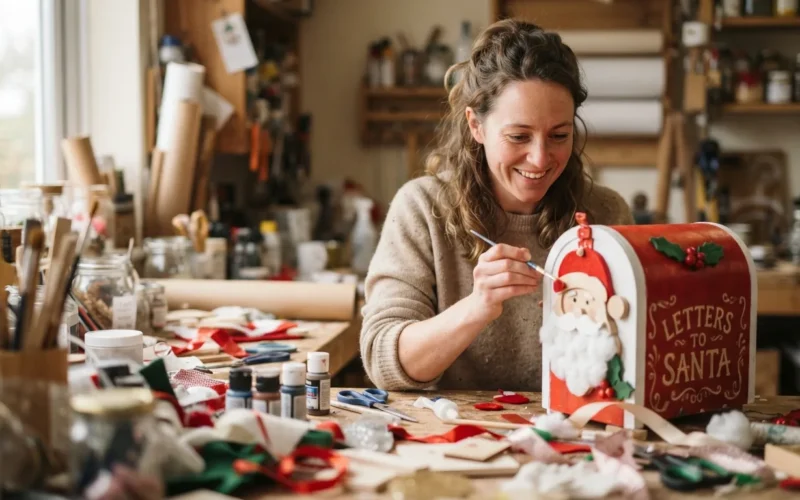 a person crafting a Santa-themed mailbox