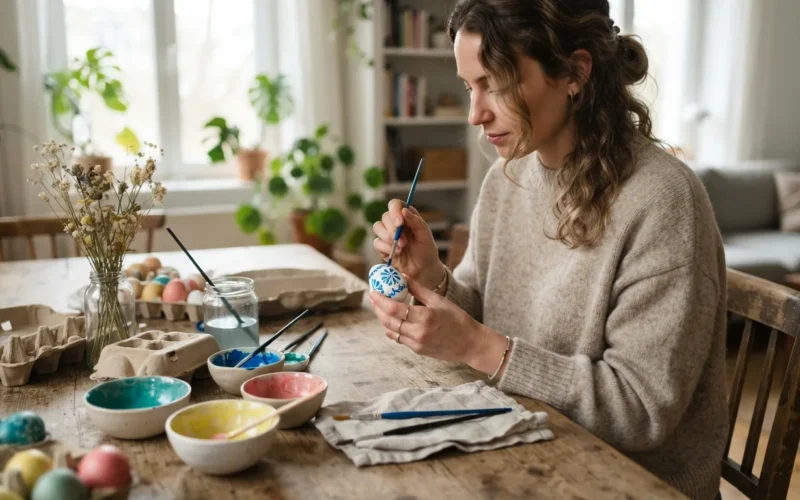 a person decorating Easter eggs at a table