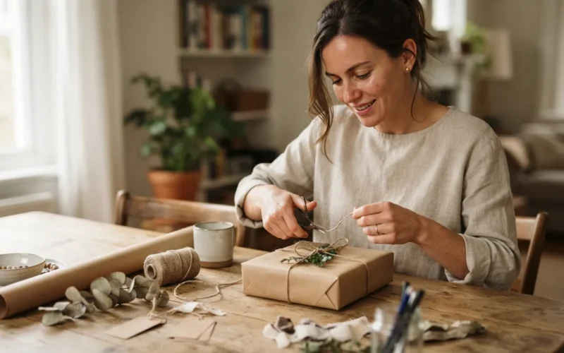 a woman wrapping a gift with craft supplies on a table