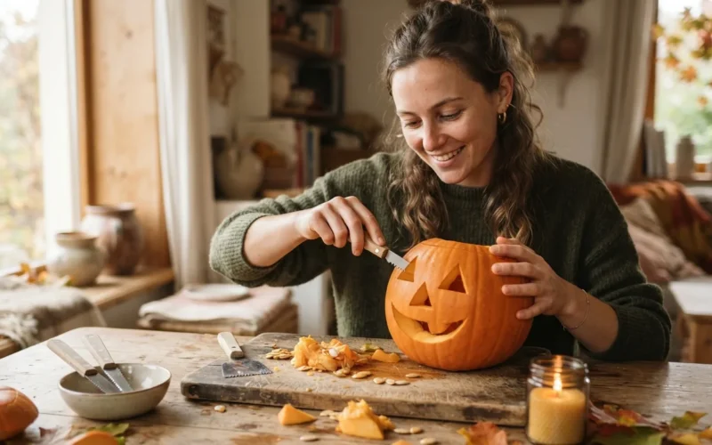 a person carving or decorating a pumpkin on a table