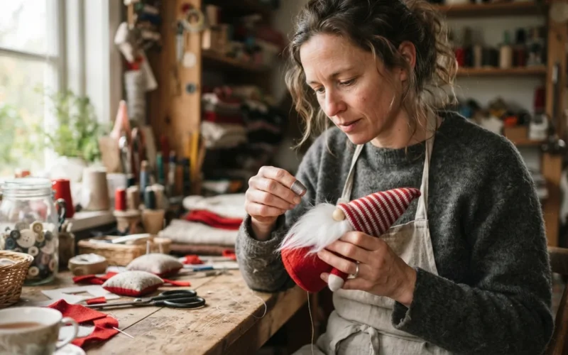a person crafting a small red and white Christmas gnome