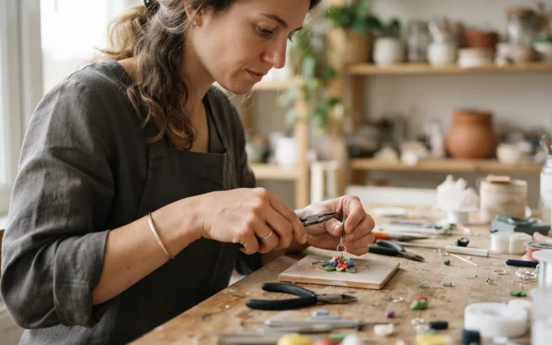 a person crafting a small keychain charm