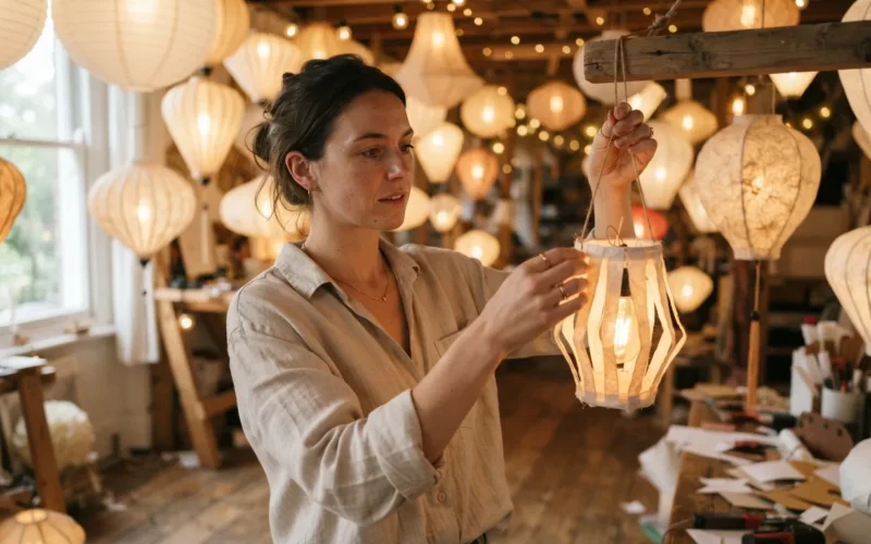 a person arranging handmade paper lanterns with warm glowing lights