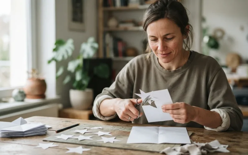 a person cutting paper stars at a table